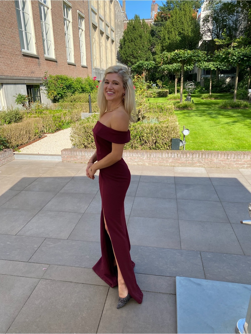 Off-Shoulder Burgundy Maxi Dress with Side Slit